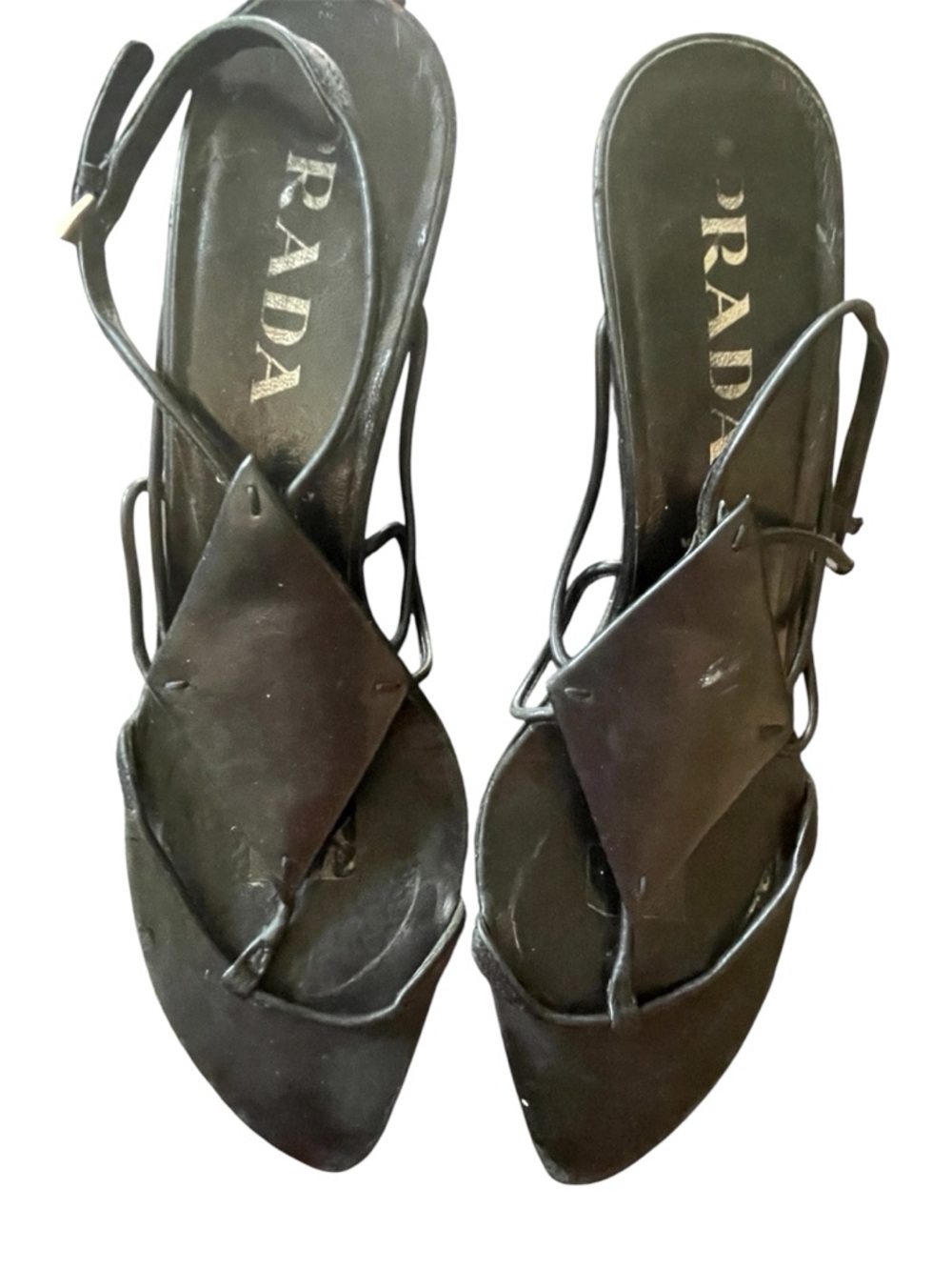 Prada Black Leather Strappy Slide Wedge Heels